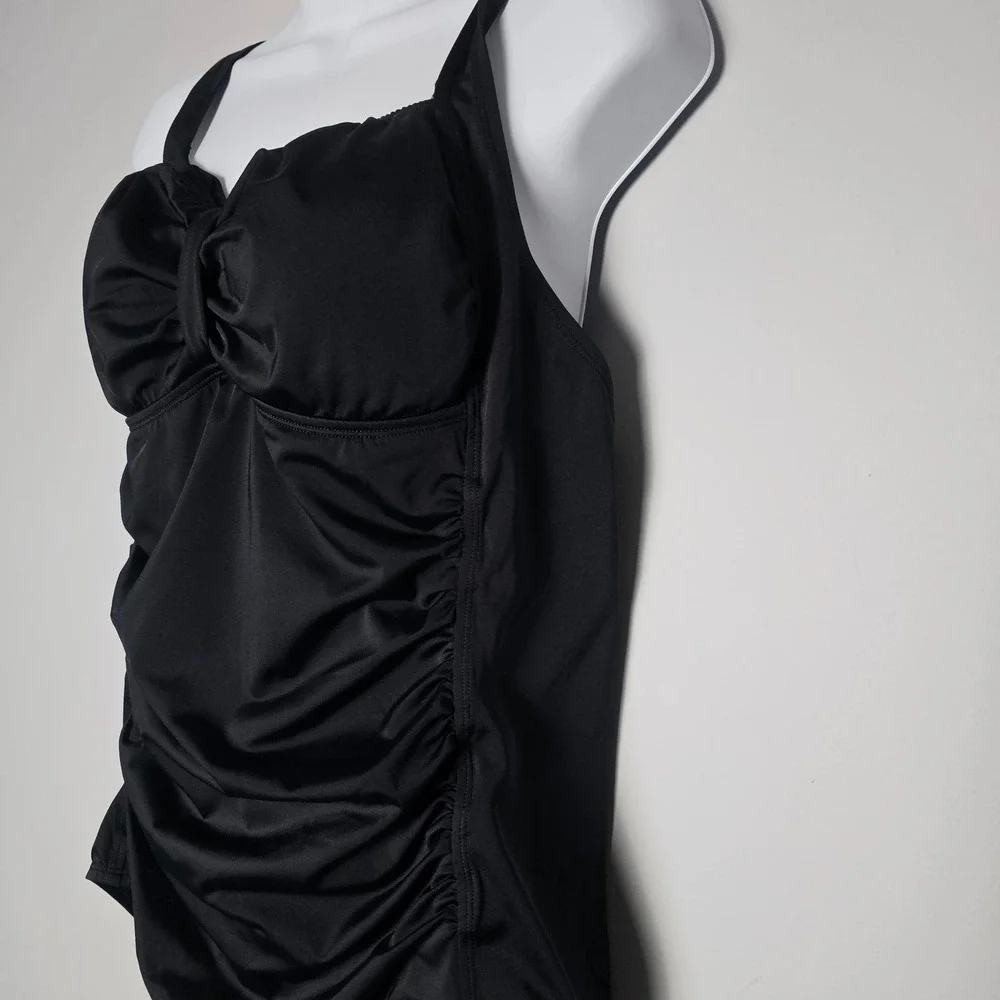 Speedo Retro Ruched Bow One Piece Swimsuit Women‎ 18 Black Classic Swim